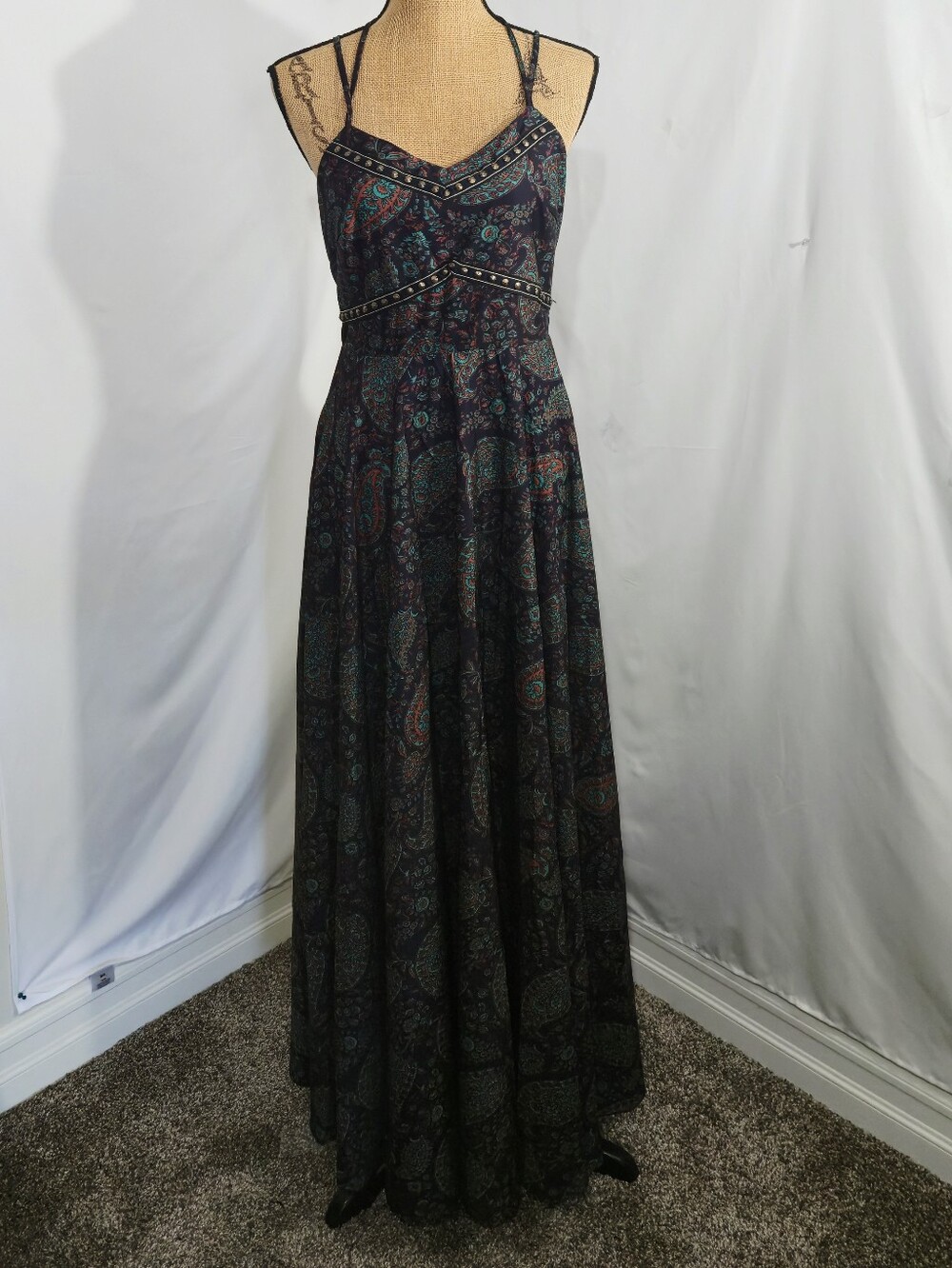 Boho Paisley Maxi Dress in Black with Teal & Burgundy